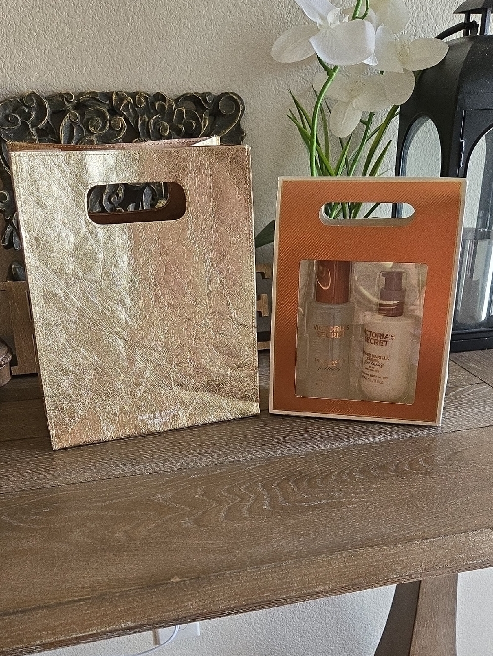 Victoria's Secret Rose Gold Metallic Gift Bag & Orange-Trim Box